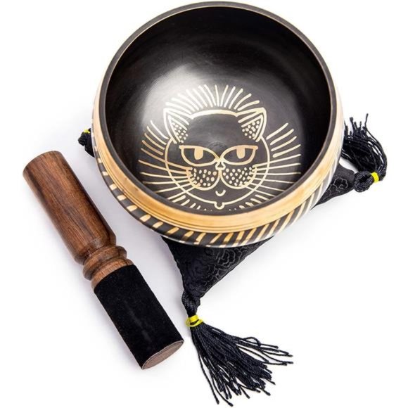 Tibetan Singing bowl Set - Easy To Play Cat Design Meditation Mindful 7 Sound - Picture 1 of 6